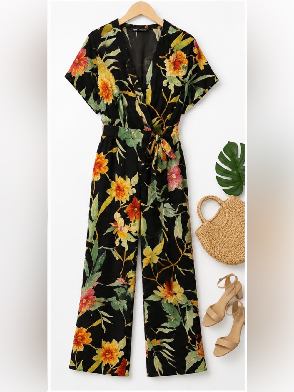 Zara Black Floral Wrap Jumpsuit with Yellow & Pink Blooms